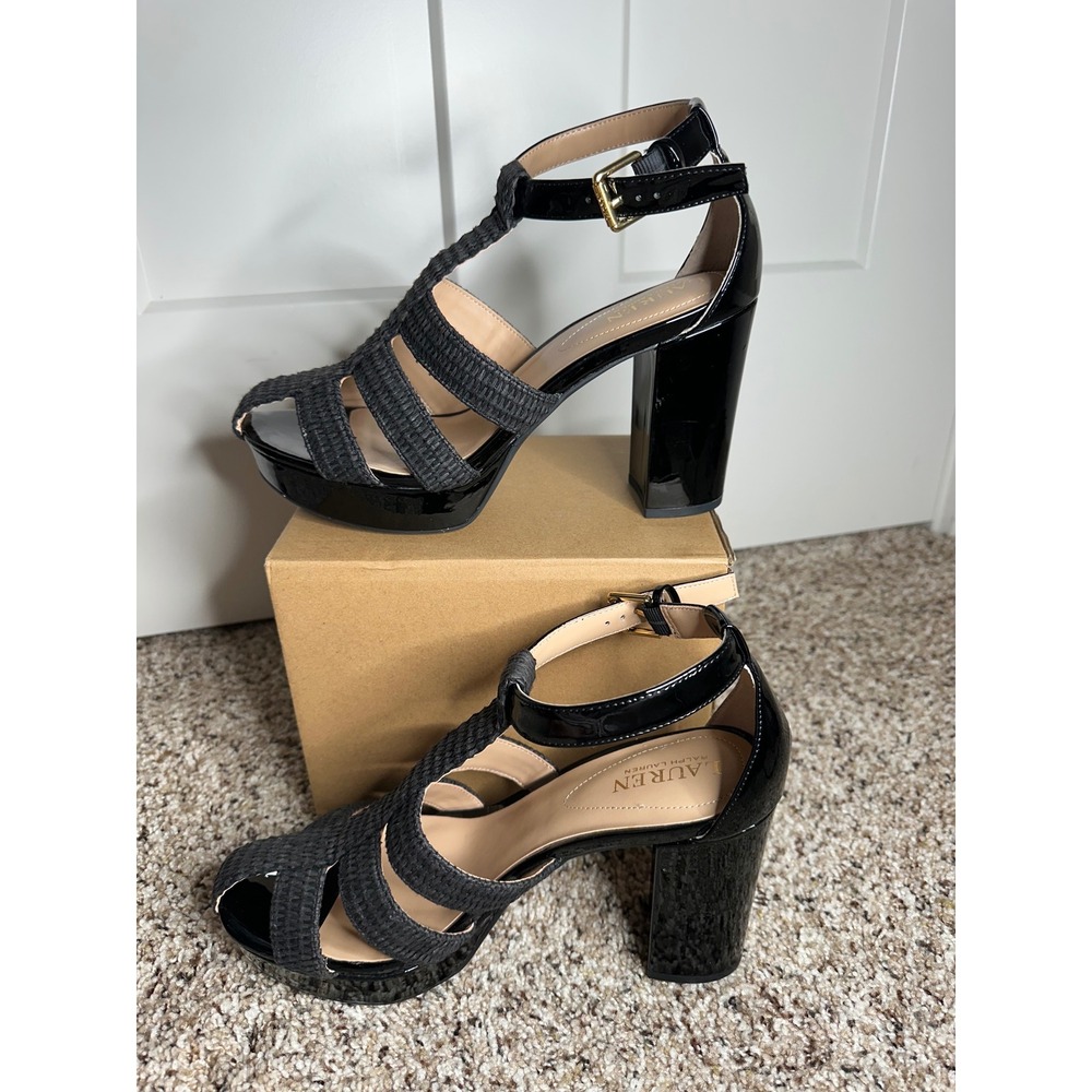 Lauren Ralph Lauren Francesca Black Patent Woven Platform Block Heel Sandal 8.5B